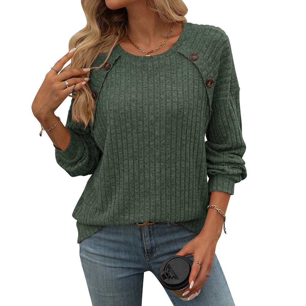 Women Round Neck Sunken Stripe Brushed Solid Color Top Long Sleeve Button Sweaters