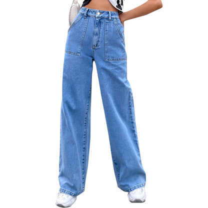 Women Clothing Large Pocket High Waist Casual Straight Leg Denim Pants Summer