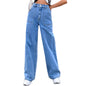 Women Clothing Large Pocket High Waist Casual Straight Leg Denim Pants Summer