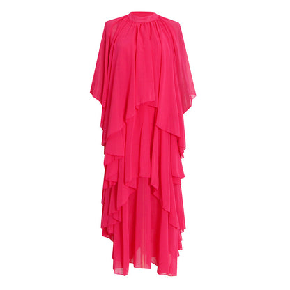 Summer Seaside Elegant Vacation Maxi Dress Summer Fashion Stand Collar Sexy Chiffon Ruffled Tiered Layered Dress