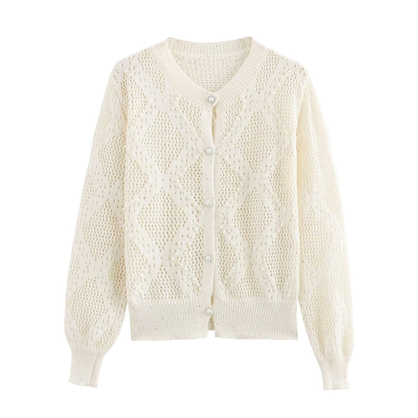 Autumn Winter Women Clothing Simple Rhombus Hollow Out Cutout Pearl Cardigan Knitted Coat Women