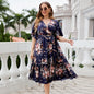 Plus Size Summer V neck Dark Blue Printed Dress