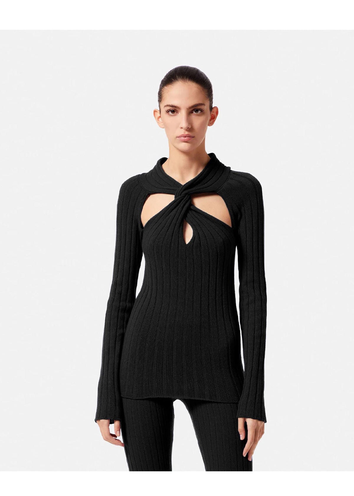 Black Cut Out Cross Sweater Women Spring Sexy Knotted Twisted String Off The Shoulder Slim Fit Long Sleeved Top