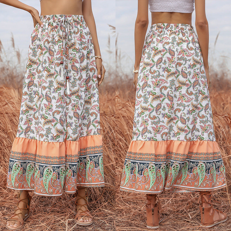 Slim Fit Elasticated Waist Self-Tie Slit Skirt Ethnic Print Mid-Length Women Summer