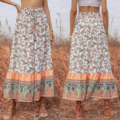 Slim Fit Elasticated Waist Self-Tie Slit Skirt Ethnic Print Mid-Length Women Summer