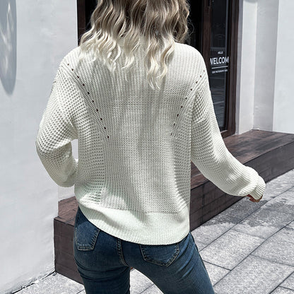 Autumn Winter Women Wear White Long Sleeve V neck Cable Knit Sweater