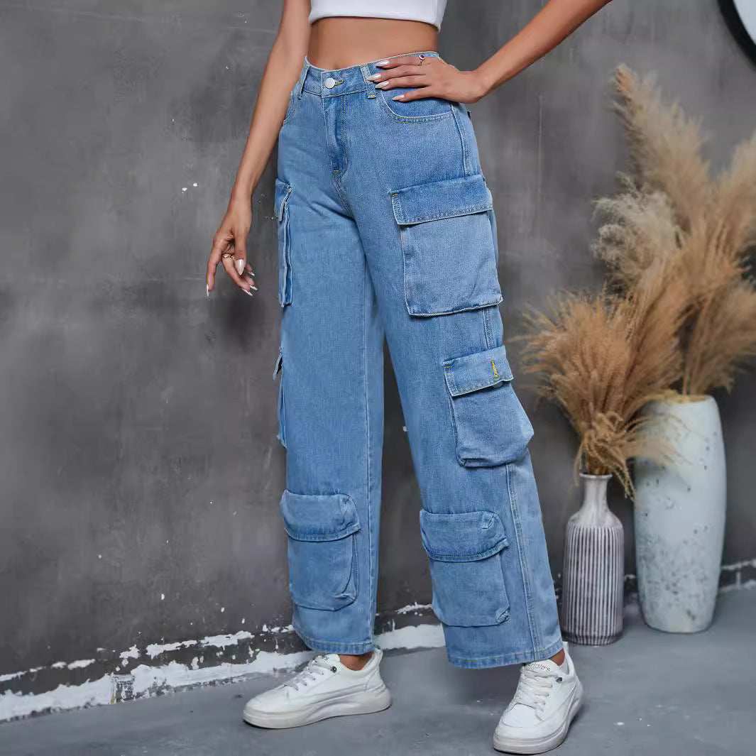 Fall Winter Overalls Women Multi Pocket Women Jeans