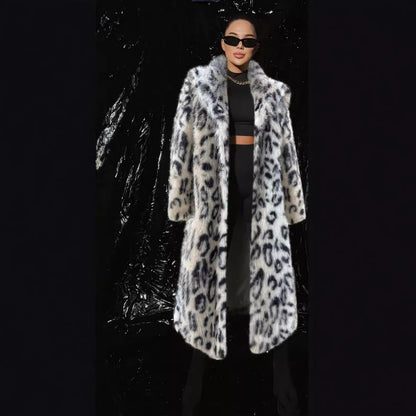 Autumn Winter Leopard Print Women Coat Mid Length Collar Faux Fur Leather Fur Coat