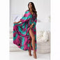 Autumn Three Quarter Sleeve Sexy Deep V Plunge Multi Color Floral Print Slit Dress