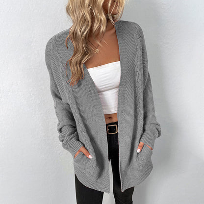 Solid Color Pocket Knitted Cardigan Autumn Winter Retro Twist Sweater Women Coat