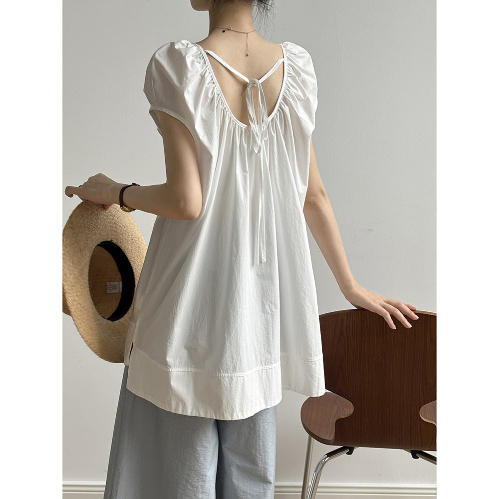 Solid Color Round Neck Backless Lace Up Doll Shirt Summer Loose Mid Length Top Women