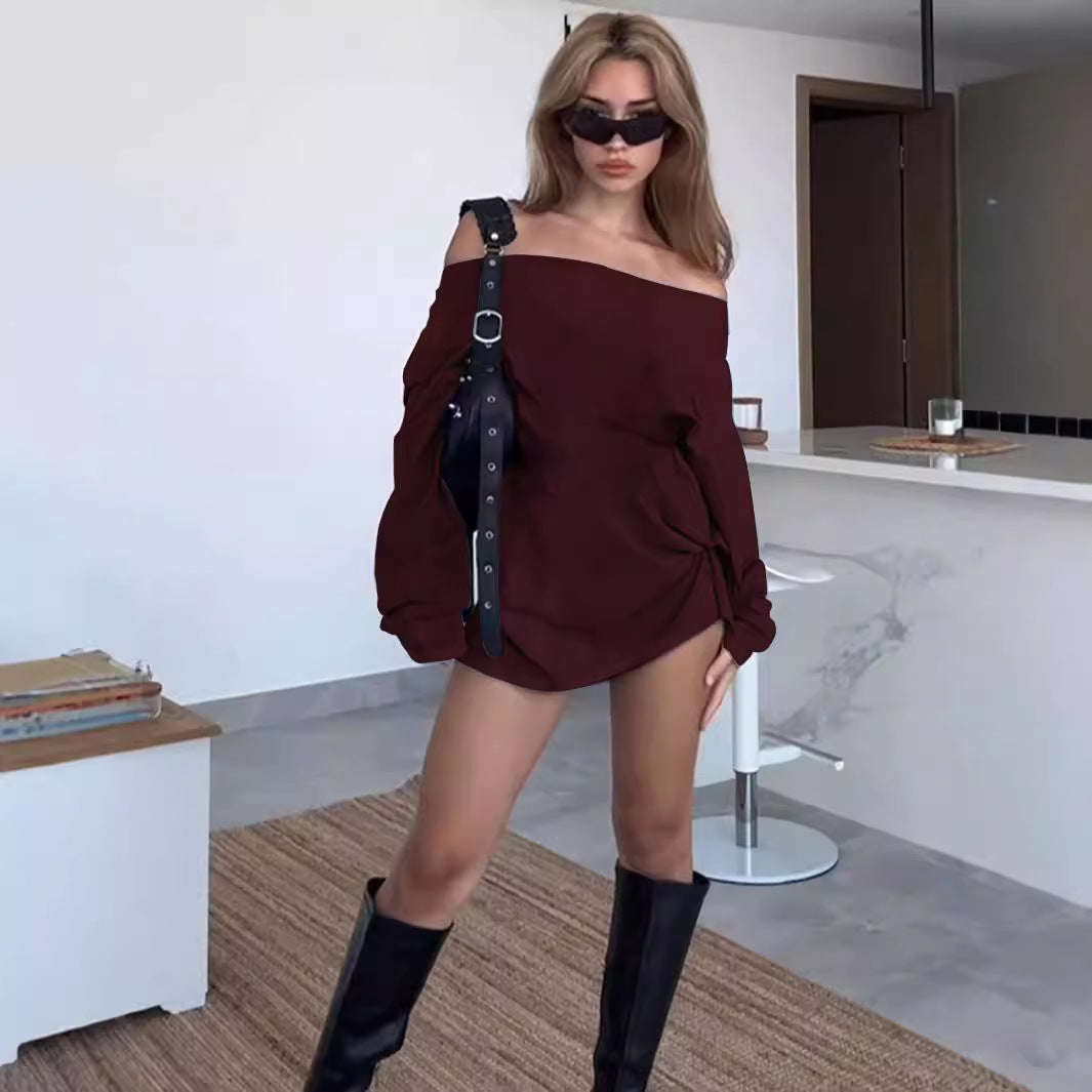 Women Clothing Sweet Spicy Wind Wine Red Dress Autumn Winter Boat Collar Off Shoulder Loose Short Dress