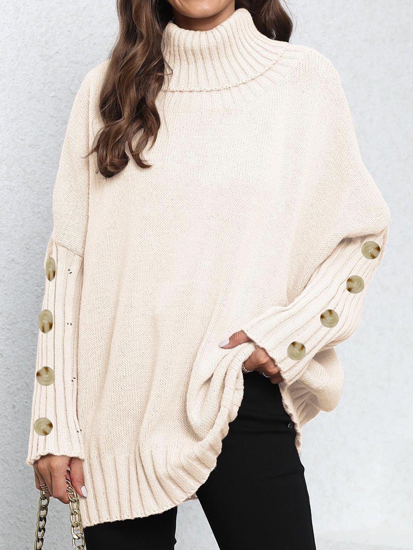 Women Pullover Button Knitted Solid Color Turtleneck Collared Loose Woven Sweater Top