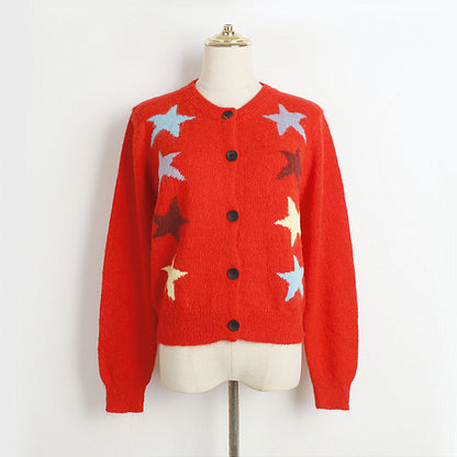 Women Sweater Autumn Winter Five Pointed Star Single Breasted Mohair Knitted Cardigan