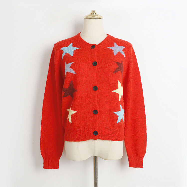 Women Sweater Autumn Winter Five Pointed Star Single Breasted Mohair Knitted Cardigan