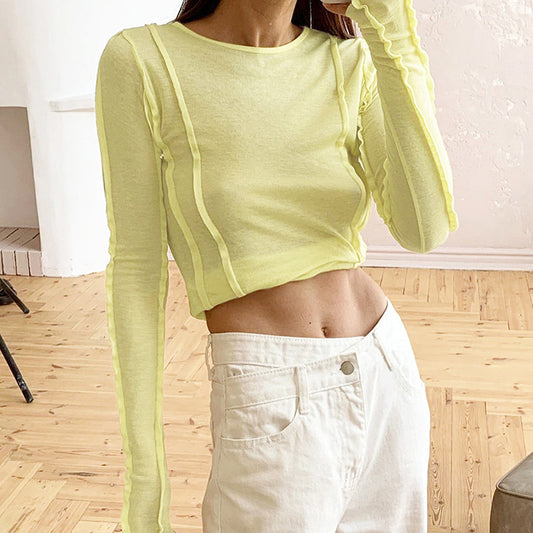 Early Autumn Long-Sleeved T-shirt Solid Color round Neck Slim Thin Temperamental Minority Stitching Women Clothing