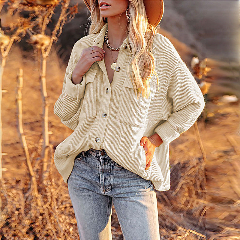 Women Autumn Winter Shirt Solid Color Loose Corduroy Pocket Long Sleeve Cardigan