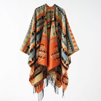 Retro Warm Shawl Nepal Ethnic Slit Scarf Cashmere Tassel Cape Autumn Winter Women