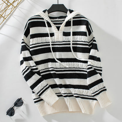 Autumn Winter Striped Women Sweater Pullover Hooded Drawstring Knitted Top Women