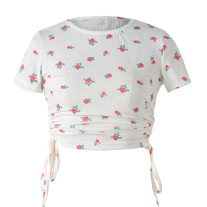 Printed Short-SleevedT-shirt Drawstring cropped round Neck Casual Top