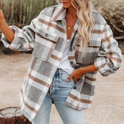 Women Clothing Autumn Winter New  Plaid Button Shacket Flannel Woolen Coat Coat