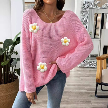 Women Pullover Sweater Patchwork Top Women Clothing Simple Loose off Shoulder off the Shoulder Flared Sleeves Sweater