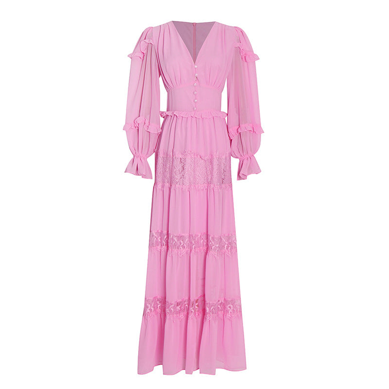 Ruffled Maxi Dress Spring Lace Patchwork Ruffled V Neck Long Sleeve Dress