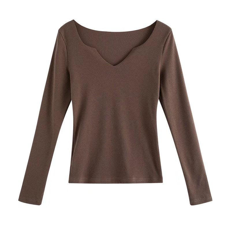 Chest Open Long Sleeve T-shirt Autumn Elegant Slim V-neck Pullover Solid Color Underwear Top Women