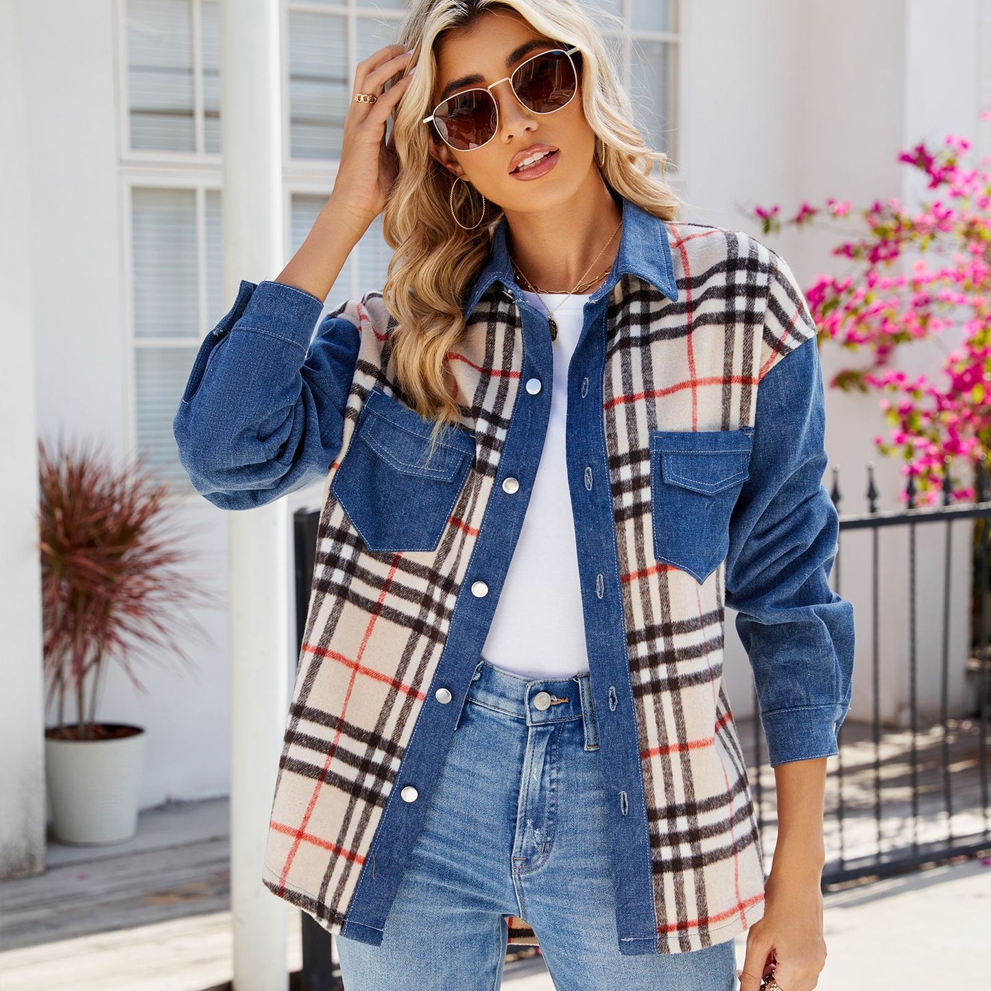 Women Clothing Washed Plaid Casual Denim Long Sleeve Coat Top