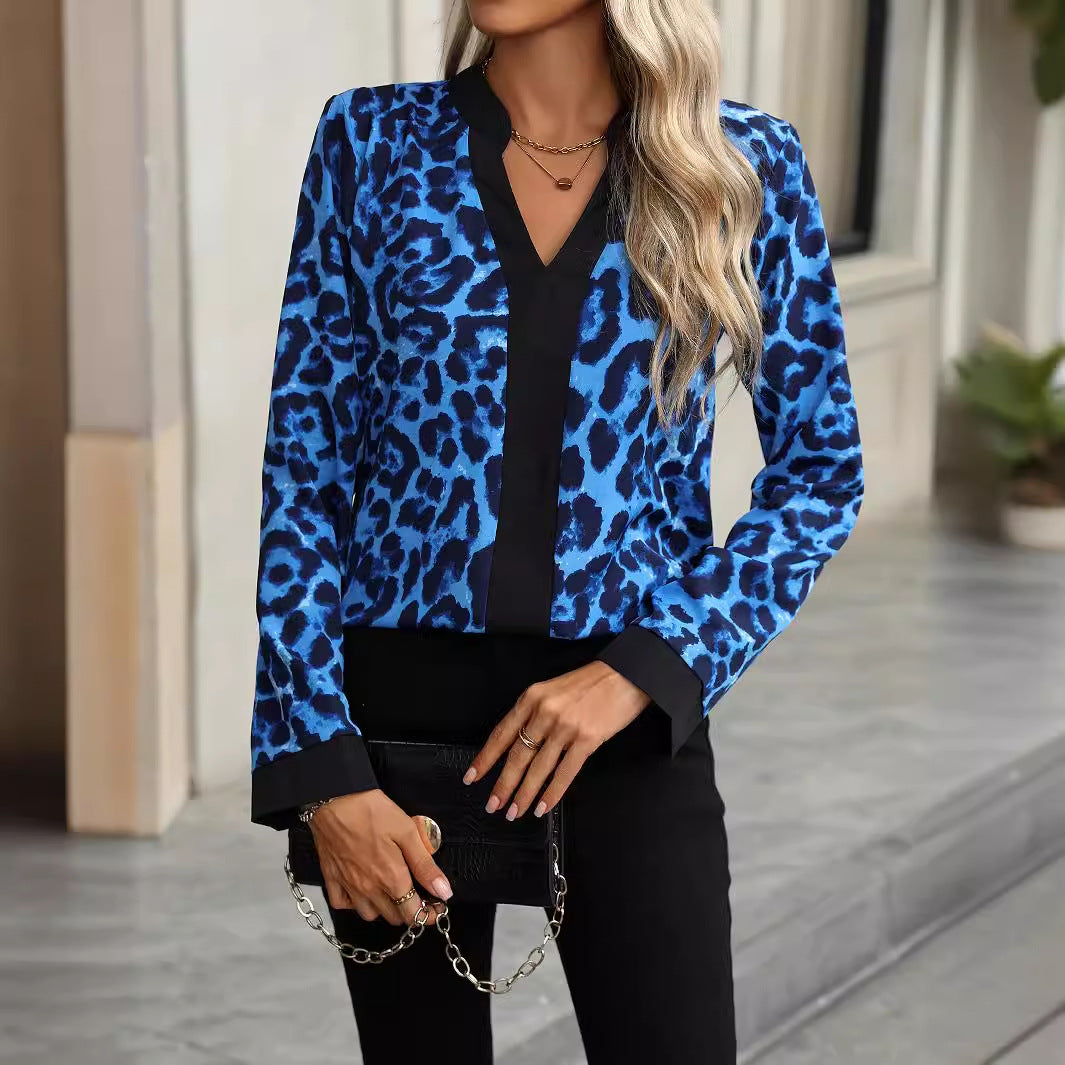 Women Clothing Spring Autumn V Neck Leopard Print Long Sleeve Women Shirt