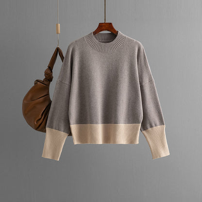 Autumn Winter Women Knitwear round Neck Loose Color Matching Top Sweater for Women