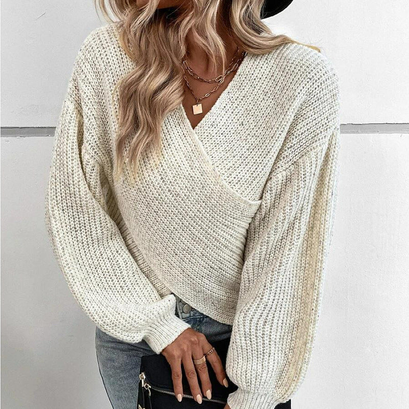 Fall Winter Sweater Women Clothing Elegant Cross V Neck Loose Pullover Women