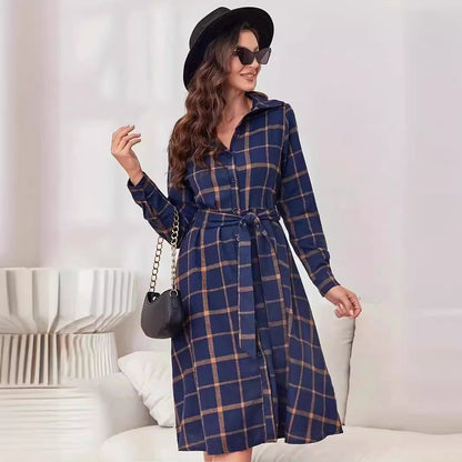 Women Clothing Plaid Collared Long Sleeve Tied Maxi Dress Cardigan Long Shirt Dress