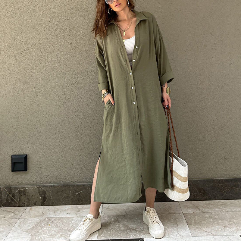 Long Shirt Dress Loose Single Breasted Idle Pocket Long Shirt