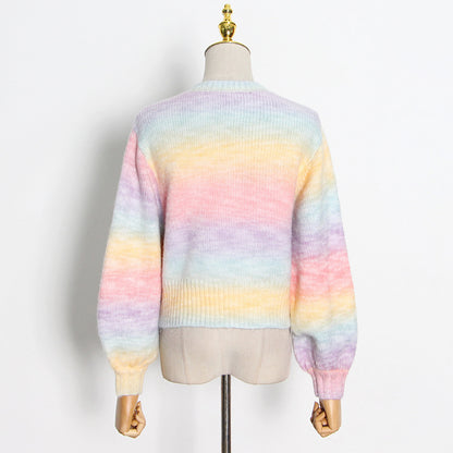 French Short Chic Idle Younger Knitwear Autumn Winter Gradient Rainbow Top Sweater