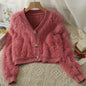 Short Knitted Cardigan Autumn Winter Solid Color Long Wool College V Neck Long Sleeve Artificial Mink Fur Outer Women