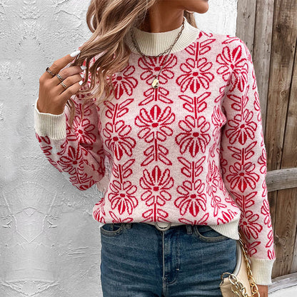 Half Turtleneck Sweater Autumn Winter Floral Jacquard Pink Sweater Women