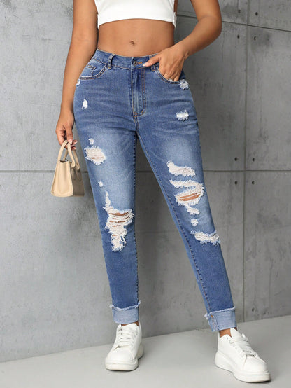 Women Clothing Trendy Thin Looking Ripped Straight Skinny Denim Trousers