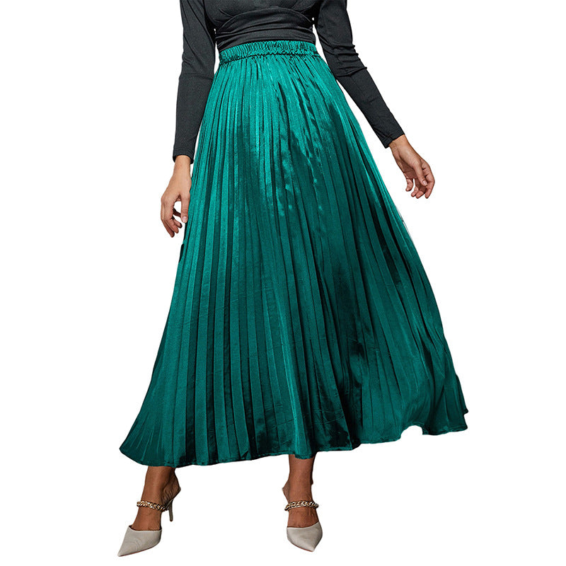 Autumn Winter Solid Color Satin Pleated Long Skirt Women Office High Waist Loose Skirt Women