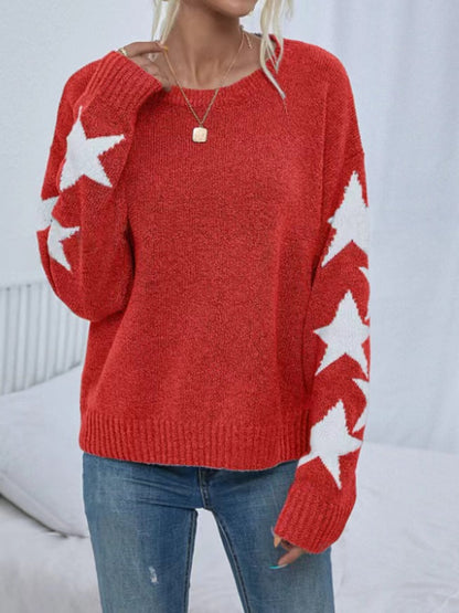 Autumn Winter Women Long Sleeved Knitted Jacquard Round Neck Pullover Casual All Match Sweater