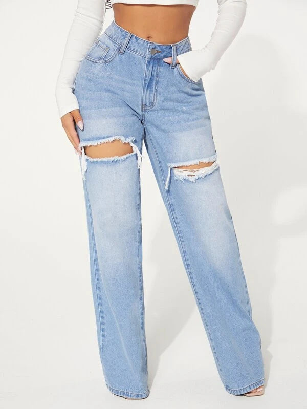 Jeans Women Ripped Washed High Waist Wide Leg Trousers Loose Jeans Pocket