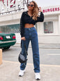 Women Clothing High Waist Black Denim Straight Leg Trousers Autumn Winter