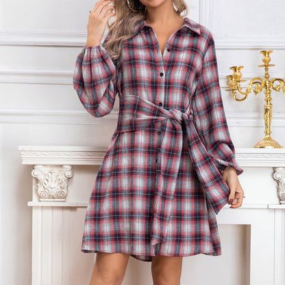 Autumn Winter Women Casual Shirt Plaid Single Breasted Long Sleeve Dress