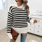 Autumn Winter Women Casual Loose Lapels Striped Long Sleeve Sweater