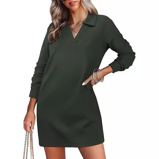 Women Clothing Collared Long Sleeve Casual Solid Color Sports Sweater Dress