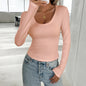 Autumn Winter Women Elegant Slim Solid Color U Neck Long Sleeved T Shirt