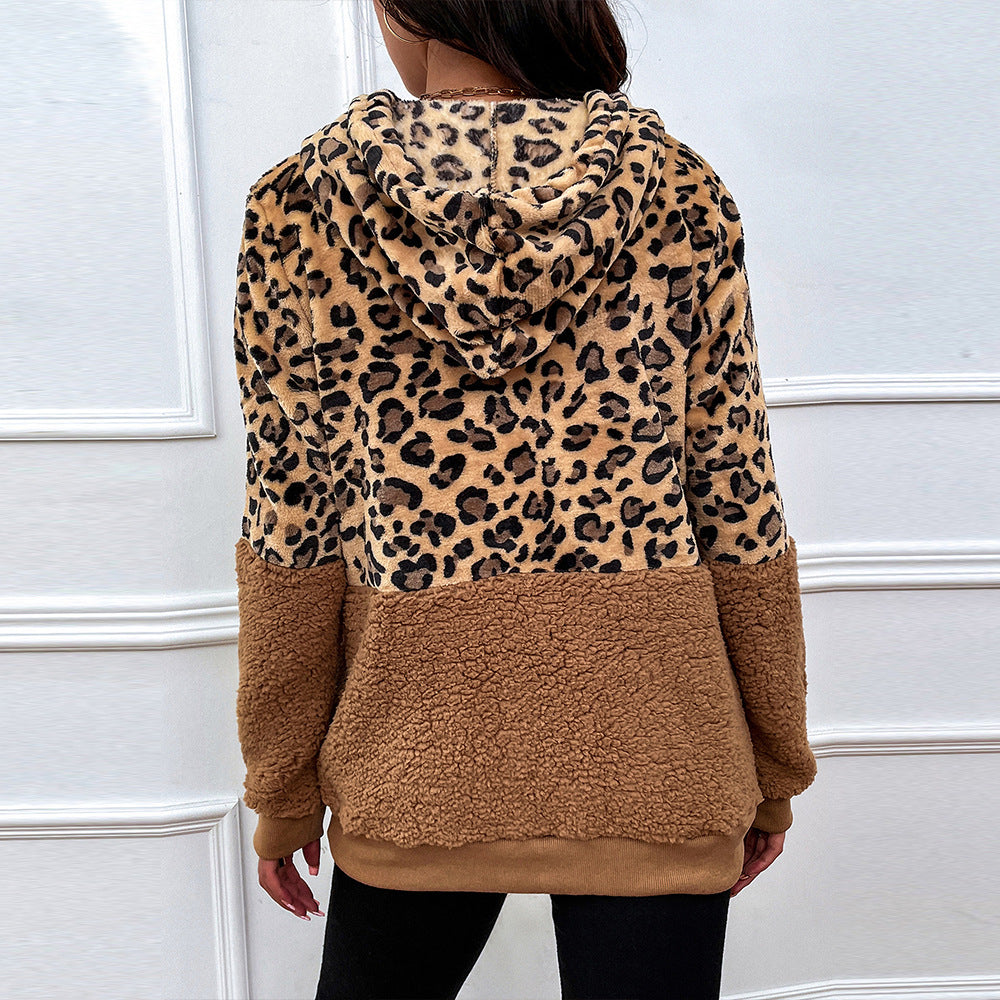 Autumn Winter Women Clothing Hooded Fluffy Leopard Patchwork Sweater Fleece Shirt Women Top