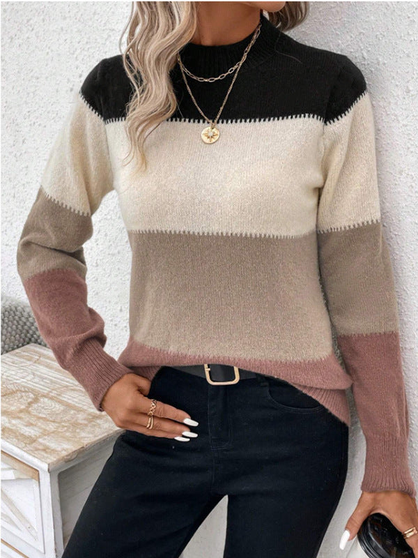 Autumn Winter Contrast Color Sweater Women Pullover round Neck Long Sleeves Knitwear Casual All Matching Tops