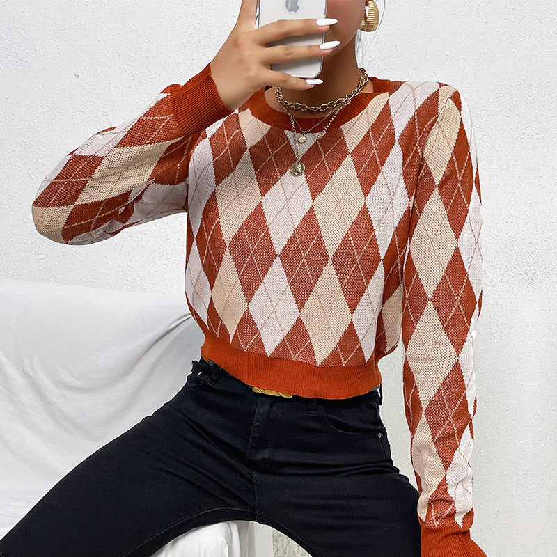 Autumn Winter Women Clothing Long Sleeve Short Rhombus Sweater