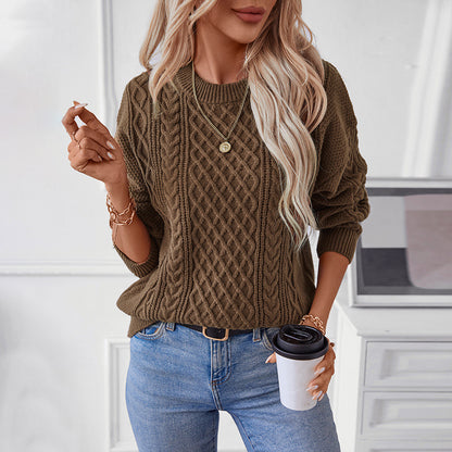 Twisted Cable Knit Pullover Women Sweater Autumn Winter Retro Crew Neck Solid Color Sweater